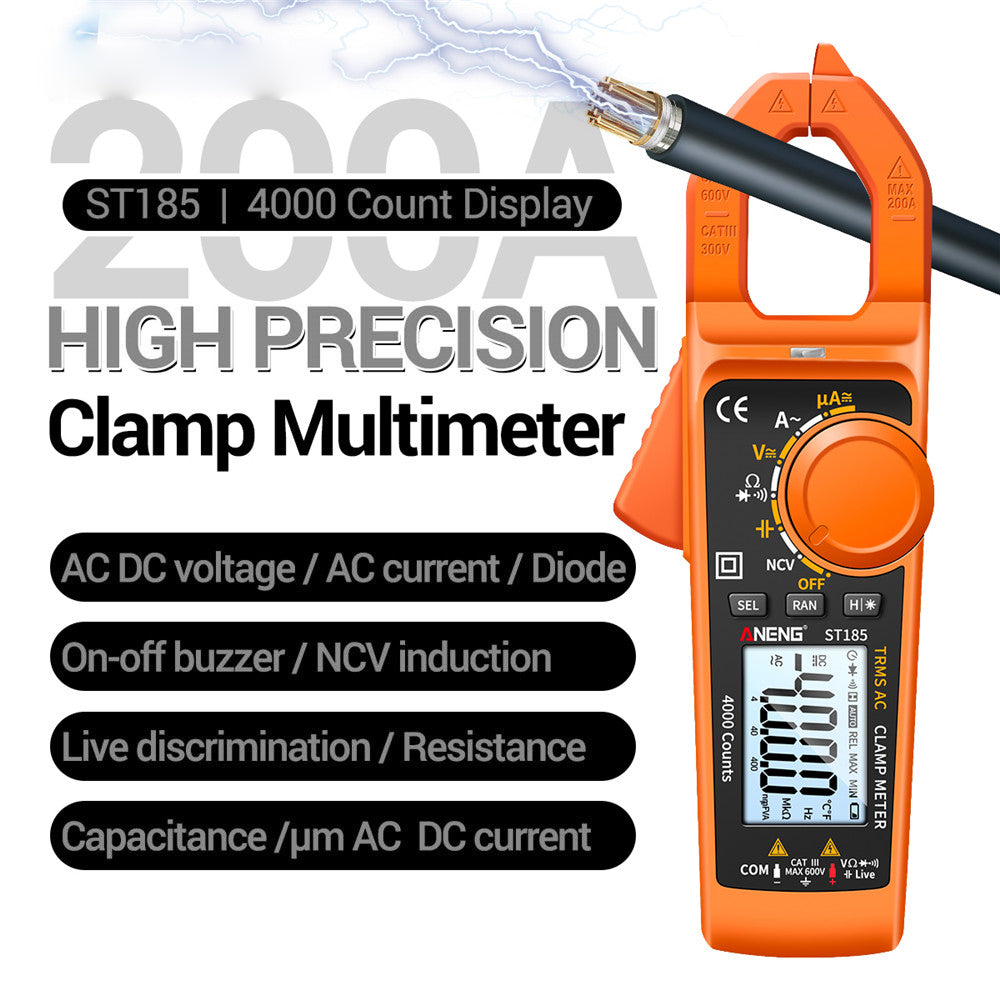 Aneng ST185 Clamp Digital Meter Multimeter 4000 Counts True RMS 200A Ammeter Voltage Tester - Orange