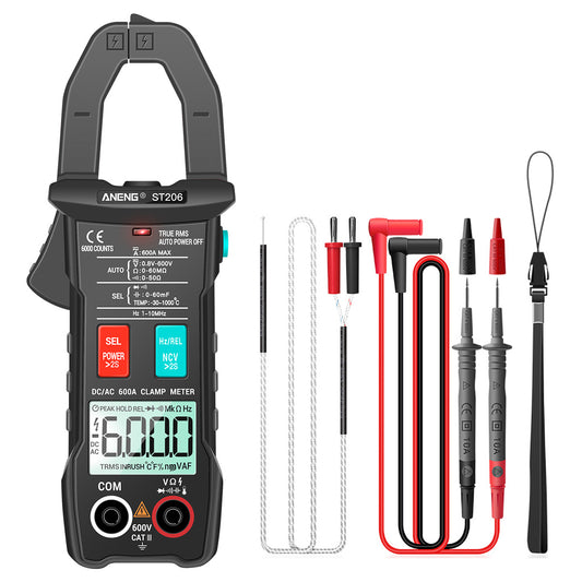 Aneng ST206 Digital Clamp Multimeter Power Meter 6000 Counts Auto Range AC/DC Current Voltage Transistor Tester - Black