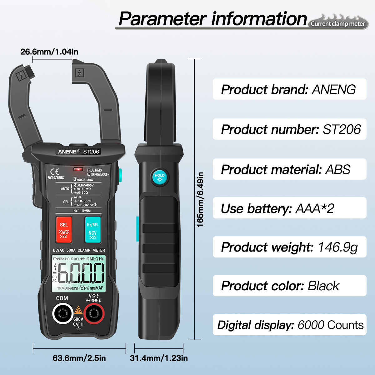Aneng ST206 Digital Clamp Multimeter Power Meter 6000 Counts Auto Range AC/DC Current Voltage Transistor Tester - Black