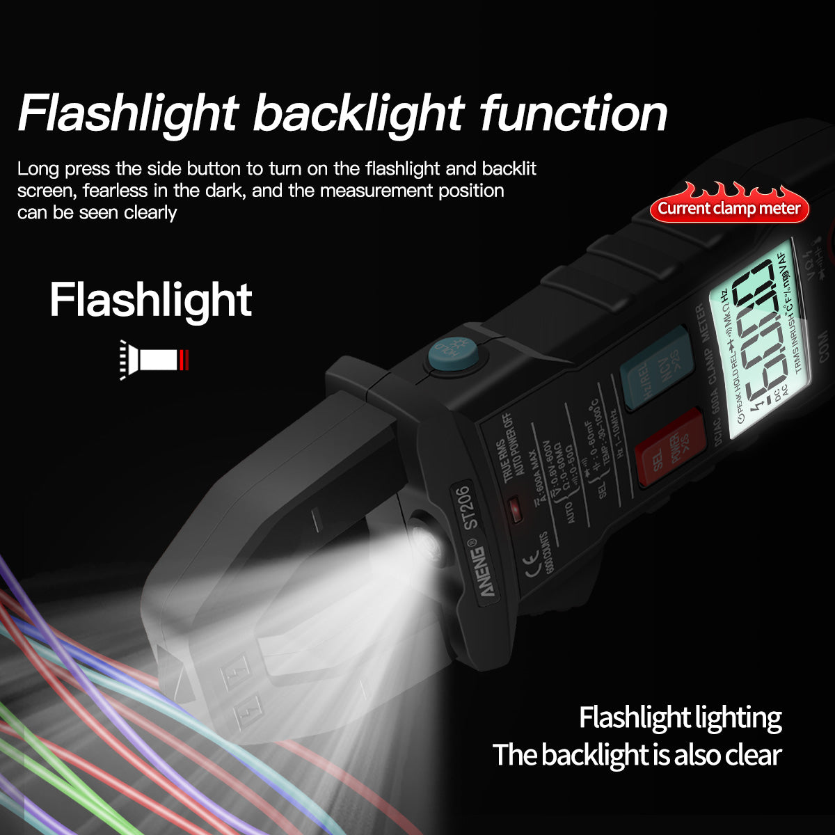 Aneng ST206 Digital Clamp Multimeter Power Meter 6000 Counts Auto Range AC/DC Current Voltage Transistor Tester - Black