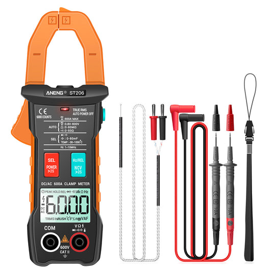 Aneng ST206 Digital Clamp Multimeter Power Meter 6000 Counts Auto Range AC/DC Current Voltage Transistor Tester - Orange
