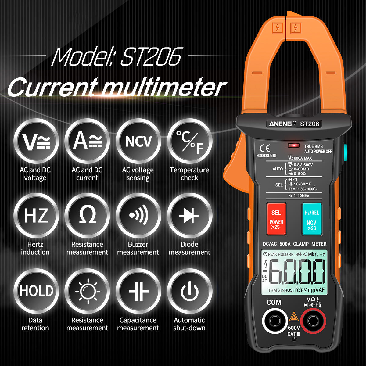Aneng ST206 Digital Clamp Multimeter Power Meter 6000 Counts Auto Range AC/DC Current Voltage Transistor Tester - Orange