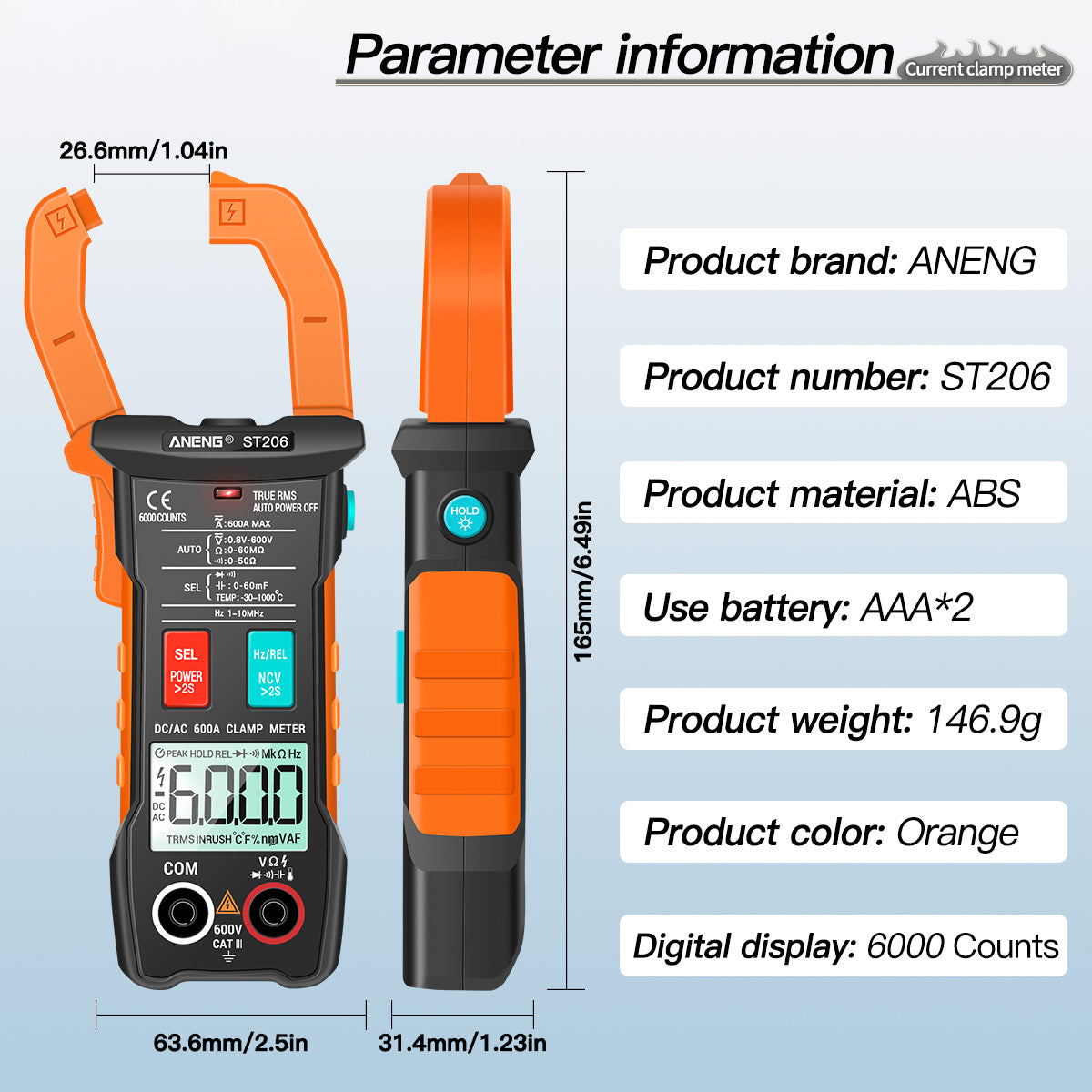 Aneng ST206 Digital Clamp Multimeter Power Meter 6000 Counts Auto Range AC/DC Current Voltage Transistor Tester - Orange