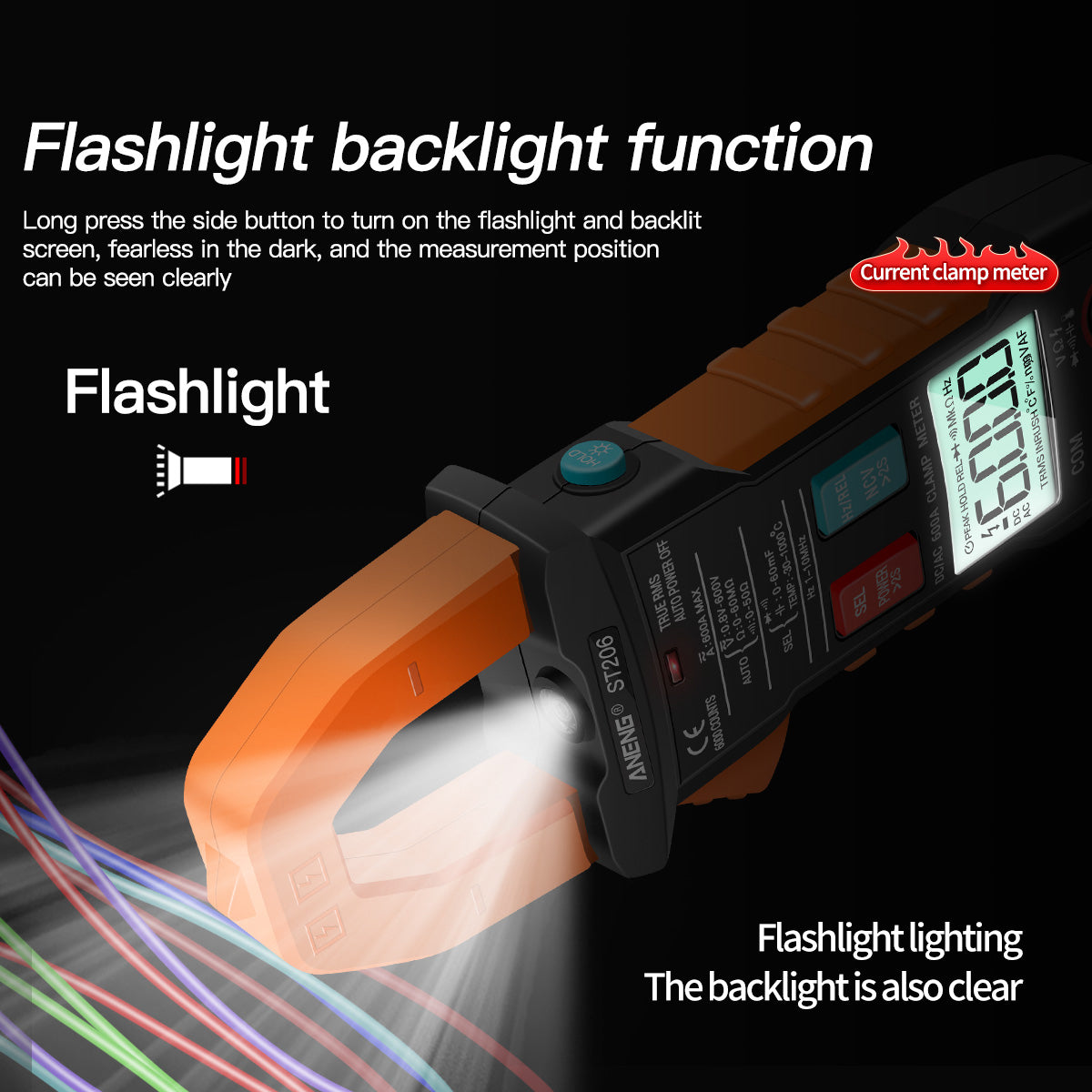 Aneng ST206 Digital Clamp Multimeter Power Meter 6000 Counts Auto Range AC/DC Current Voltage Transistor Tester - Orange