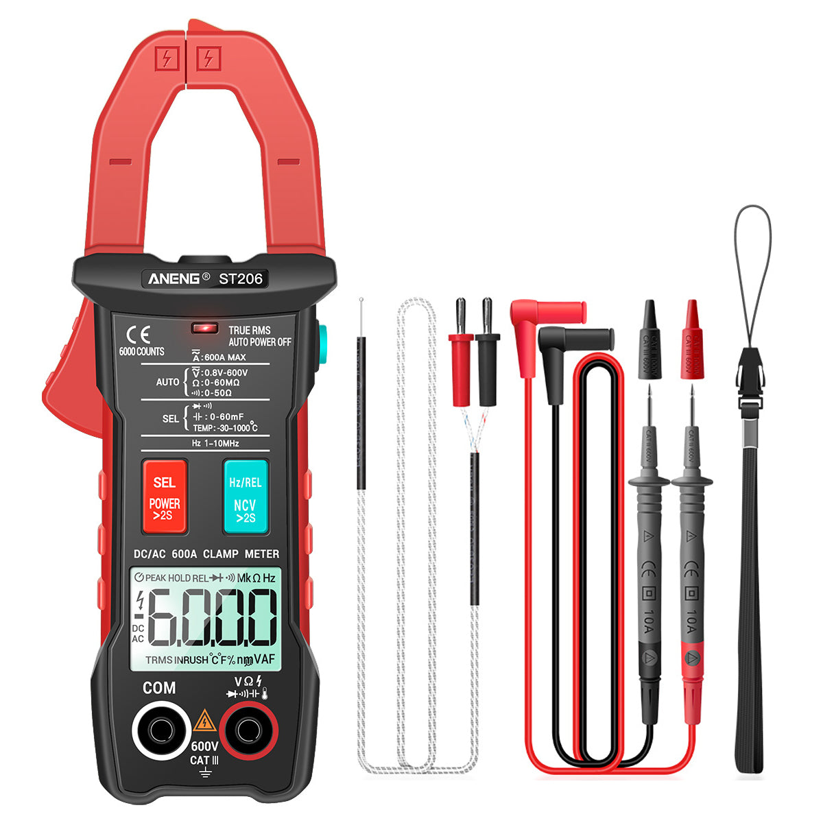 Aneng ST206 Digital Clamp Multimeter Power Meter 6000 Counts Auto Range AC/DC Current Voltage Transistor Tester - Red