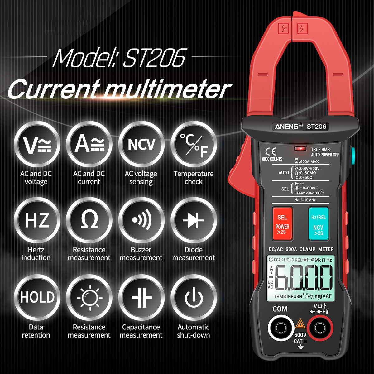 Aneng ST206 Digital Clamp Multimeter Power Meter 6000 Counts Auto Range AC/DC Current Voltage Transistor Tester - Red