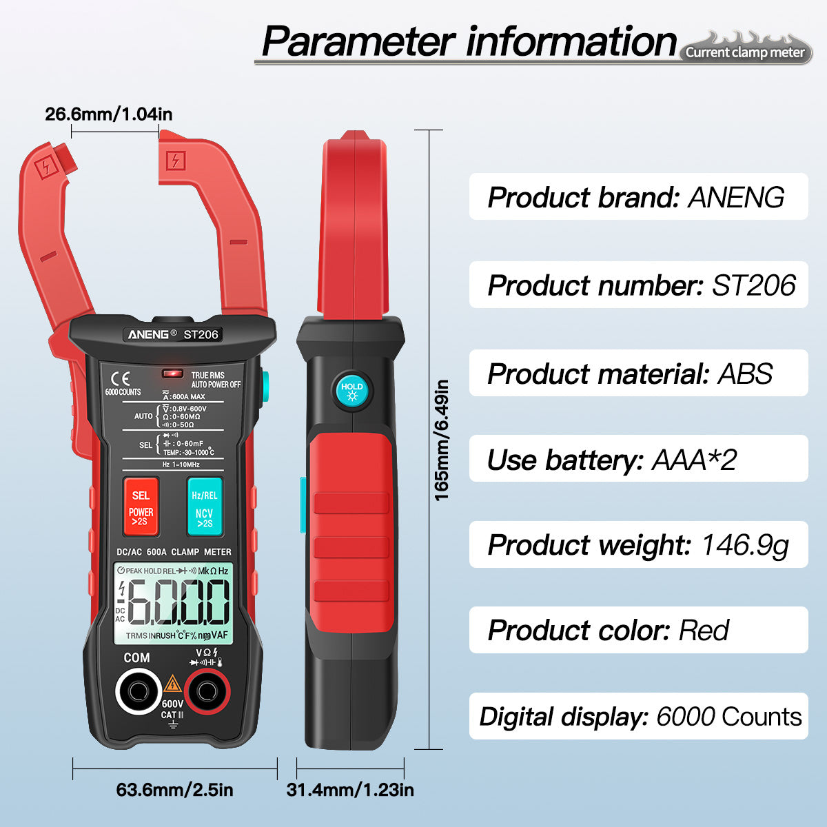 Aneng ST206 Digital Clamp Multimeter Power Meter 6000 Counts Auto Range AC/DC Current Voltage Transistor Tester - Red