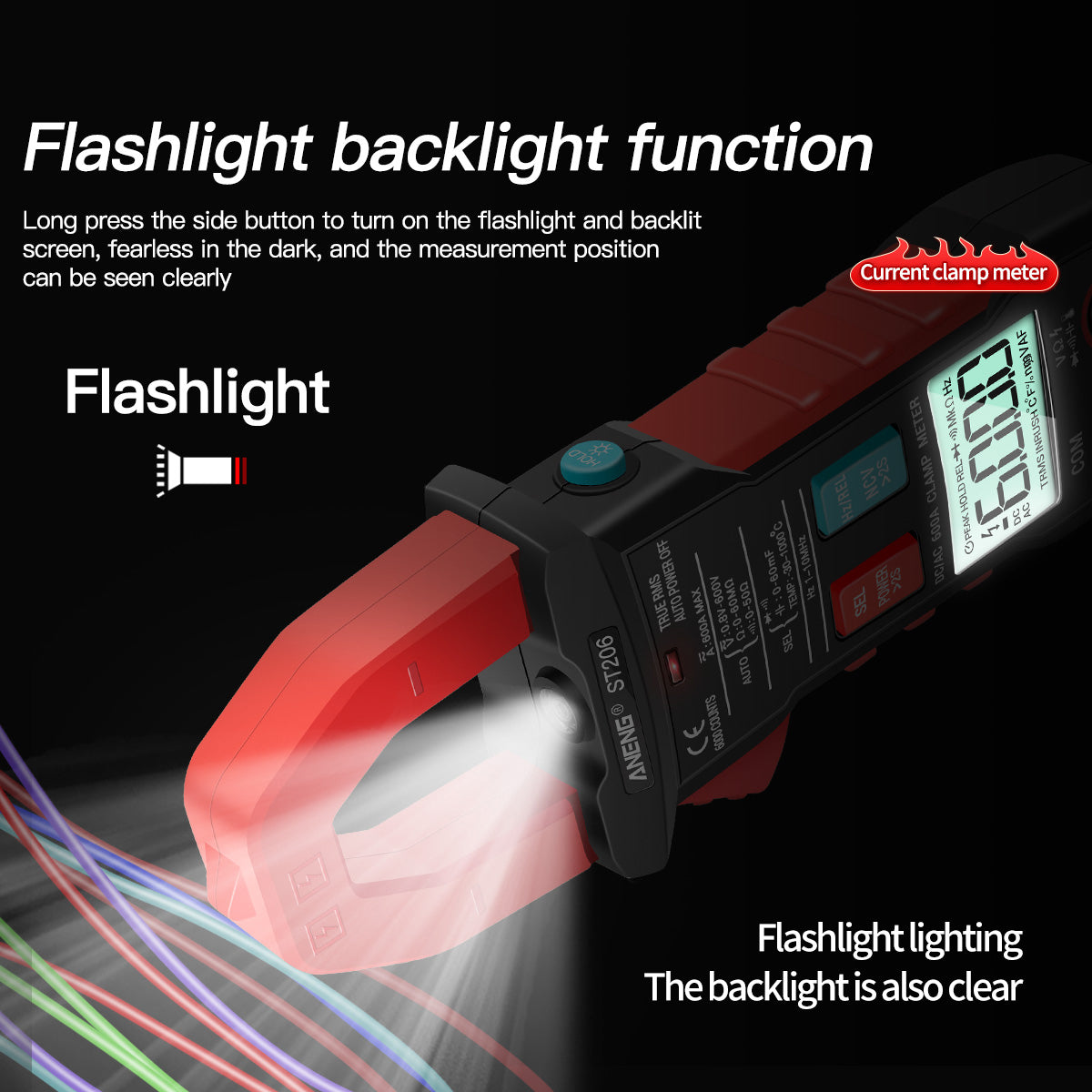 Aneng ST206 Digital Clamp Multimeter Power Meter 6000 Counts Auto Range AC/DC Current Voltage Transistor Tester - Red