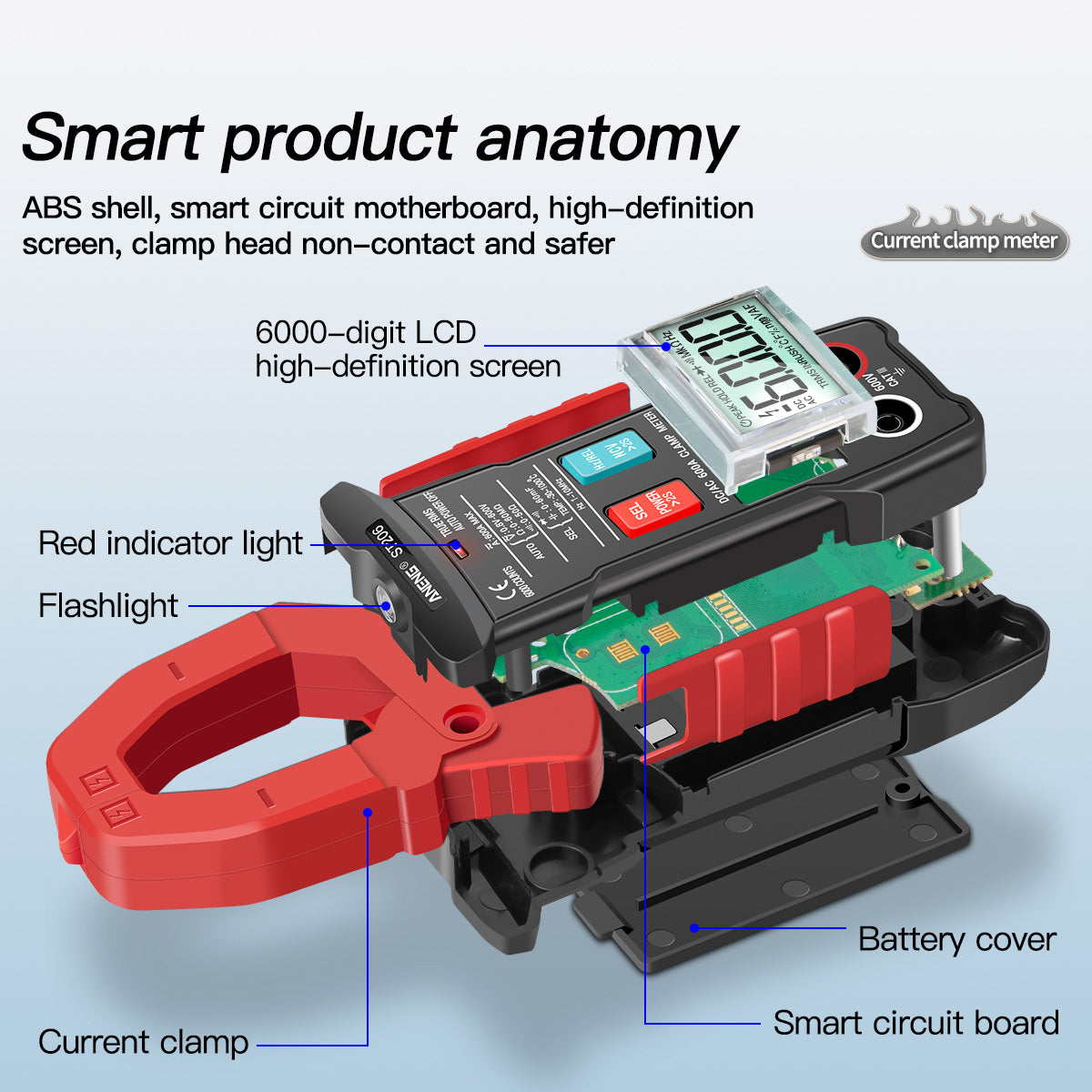 Aneng ST206 Digital Clamp Multimeter Power Meter 6000 Counts Auto Range AC/DC Current Voltage Transistor Tester - Red