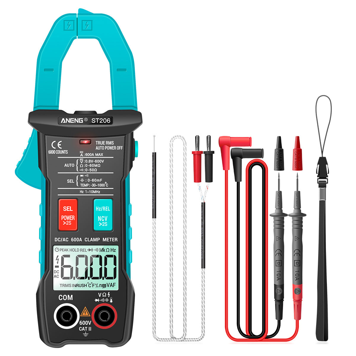 Aneng ST206 Digital Clamp Multimeter Power Meter 6000 Counts Auto Range AC/DC Current Voltage Transistor Tester - Blue