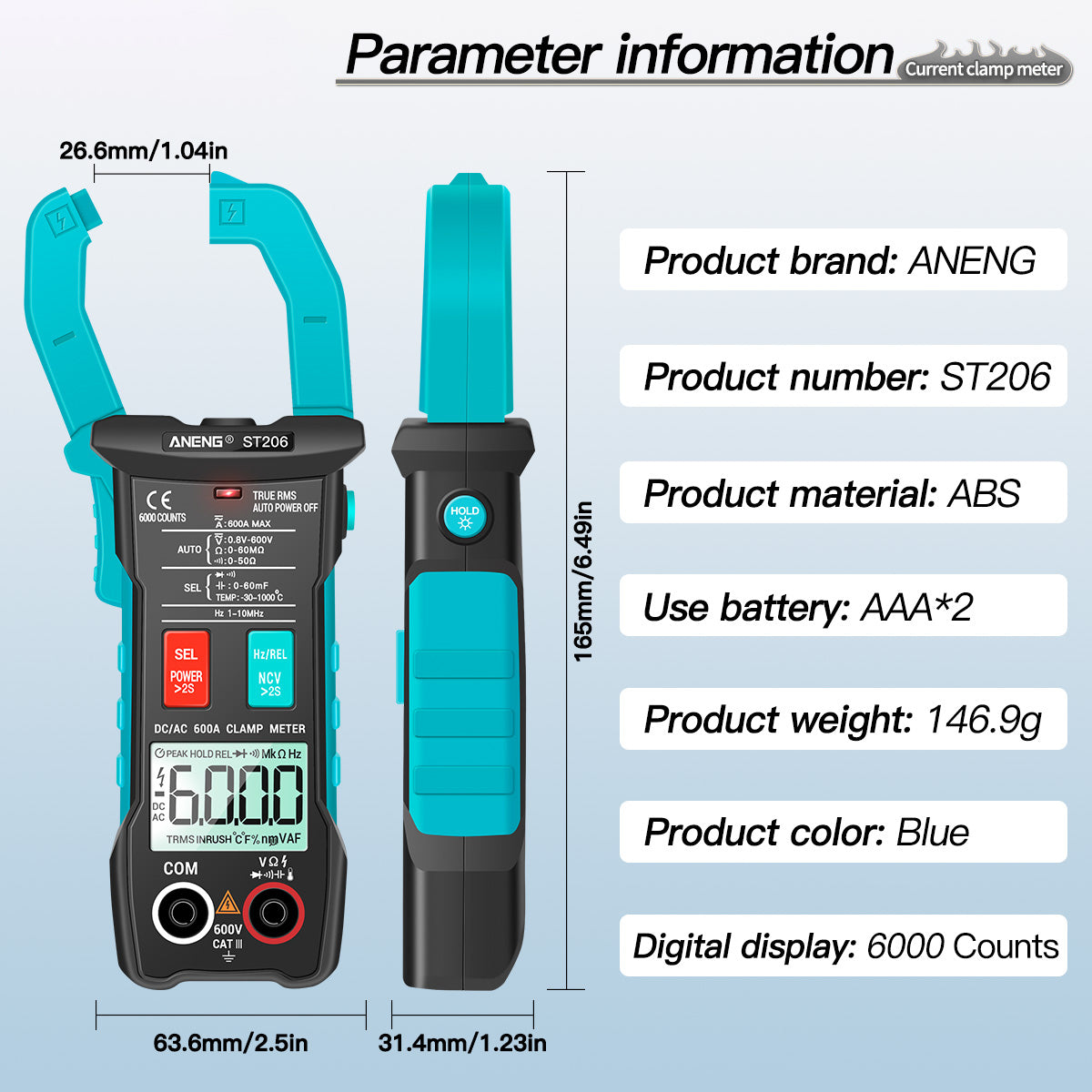 Aneng ST206 Digital Clamp Multimeter Power Meter 6000 Counts Auto Range AC/DC Current Voltage Transistor Tester - Blue