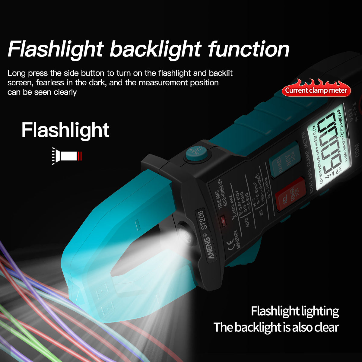 Aneng ST206 Digital Clamp Multimeter Power Meter 6000 Counts Auto Range AC/DC Current Voltage Transistor Tester - Blue