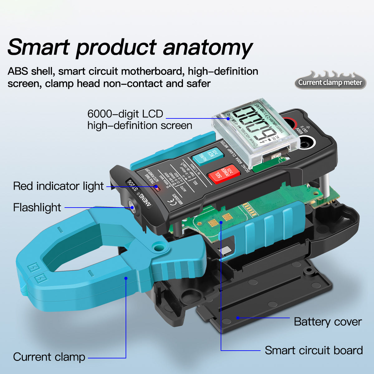 Aneng ST206 Digital Clamp Multimeter Power Meter 6000 Counts Auto Range AC/DC Current Voltage Transistor Tester - Blue