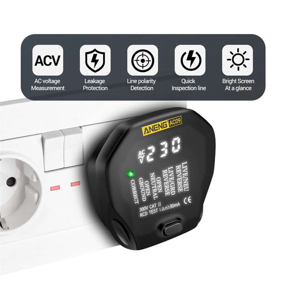 Aneng AC09 Digital Voltage Socket Tester Detector Live Ground Neutral Phase Meter Electric Circuit Breaker Finder - EU Plug