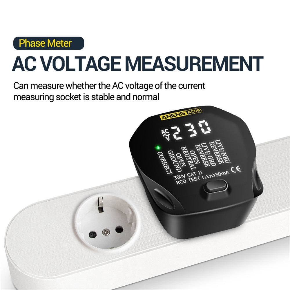Aneng AC09 Digital Voltage Socket Tester Detector Live Ground Neutral Phase Meter Electric Circuit Breaker Finder - EU Plug