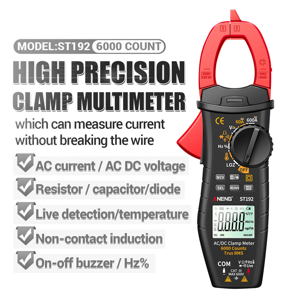 Aneng ST192 Smart Digital AC/DC Clamp Meter 6000 Counts Voltage Current Testers 60A/600A Multimenter Capacitor Auto Ammeters