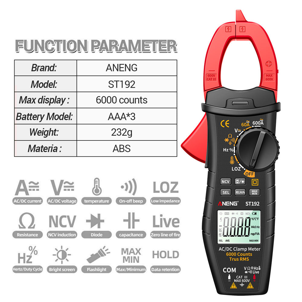 Aneng ST192 Smart Digital AC/DC Clamp Meter 6000 Counts Voltage Current Testers 60A/600A Multimenter Capacitor Auto Ammeters