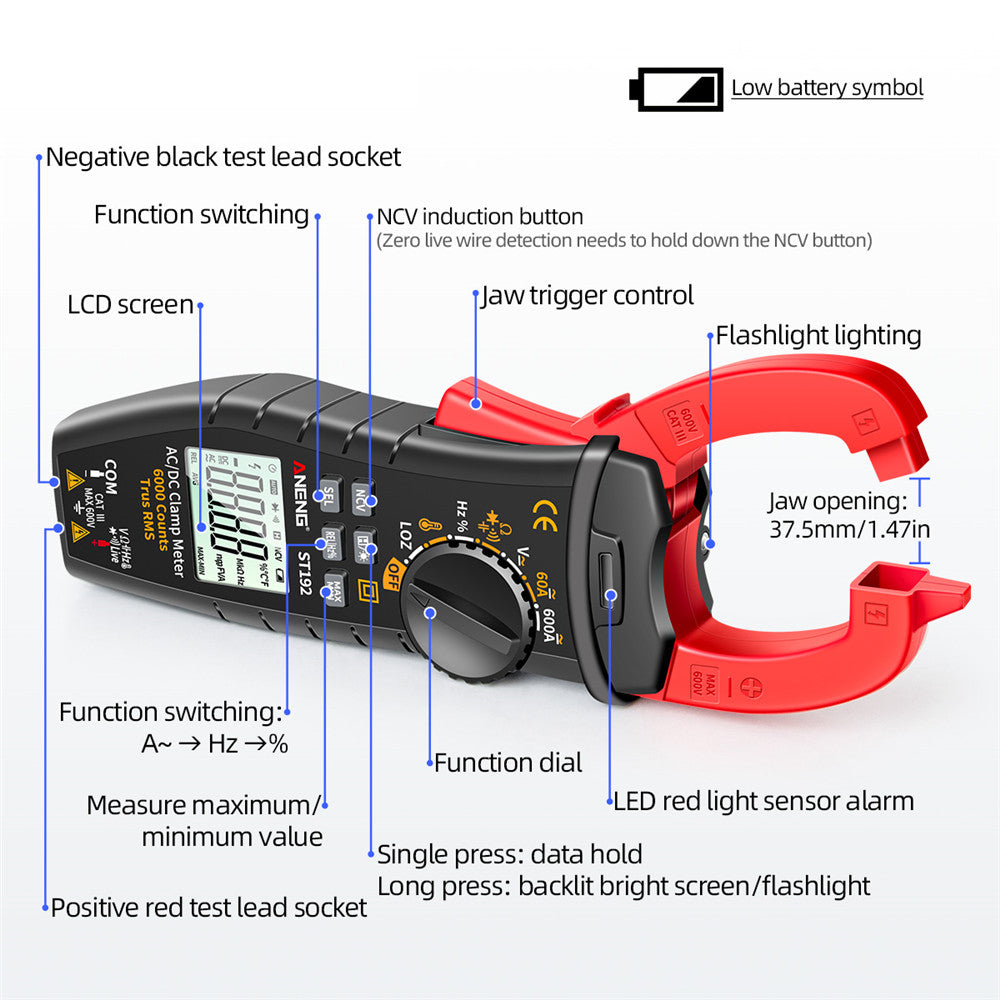 Aneng ST192 Smart Digital AC/DC Clamp Meter 6000 Counts Voltage Current Testers 60A/600A Multimenter Capacitor Auto Ammeters