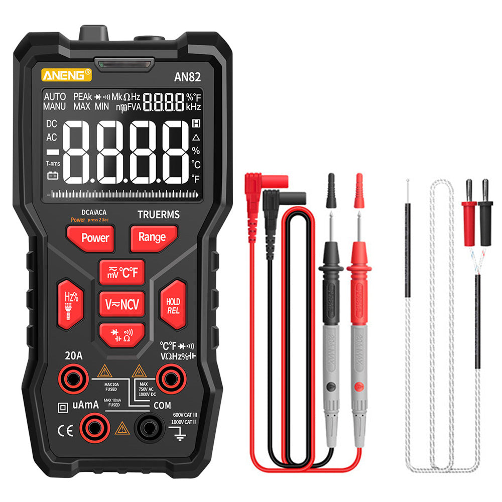 Aneng AN82 PRO 9999 Counts Intelligent Digital Multimeter Auto Range Electrical Tester AC/DC Ammeter Voltage with 16-in-1 Test Line (VA Display Screen) - Black