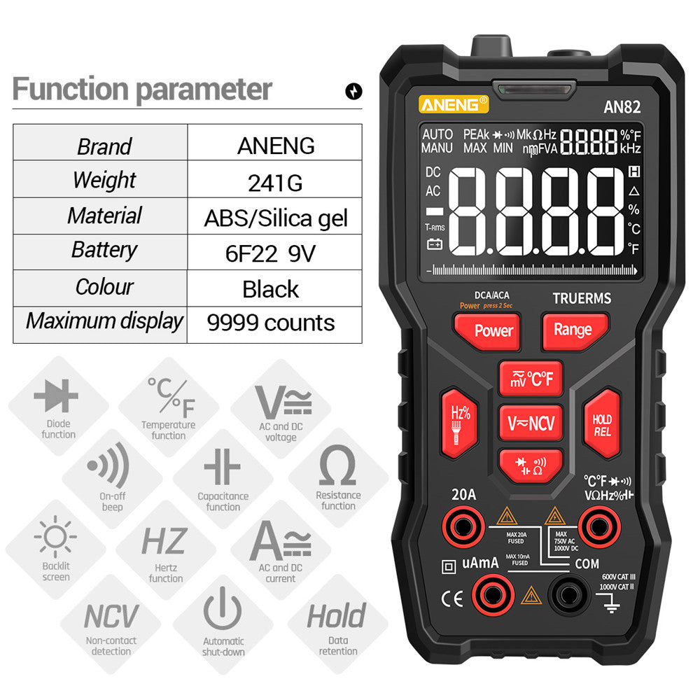 Aneng AN82 PRO 9999 Counts Intelligent Digital Multimeter Auto Range Electrical Tester AC/DC Ammeter Voltage with 16-in-1 Test Line (VA Display Screen) - Black