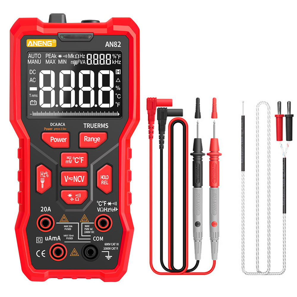 Aneng AN82 PRO 9999 Counts Intelligent Digital Multimeter Auto Range Electrical Tester AC/DC Ammeter Voltage with 16-in-1 Test Line (VA Display Screen) - Red