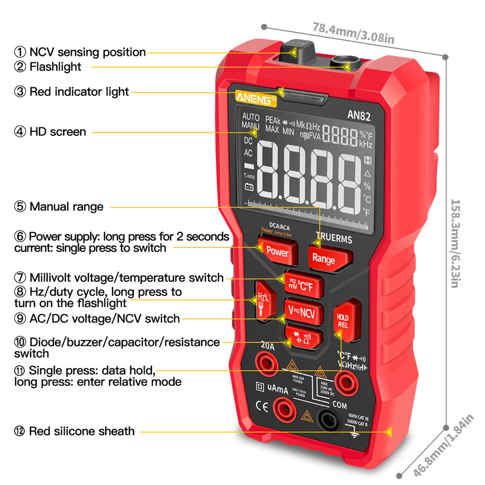 Aneng AN82 PRO 9999 Counts Intelligent Digital Multimeter Auto Range Electrical Tester AC/DC Ammeter Voltage with 16-in-1 Test Line (VA Display Screen) - Red