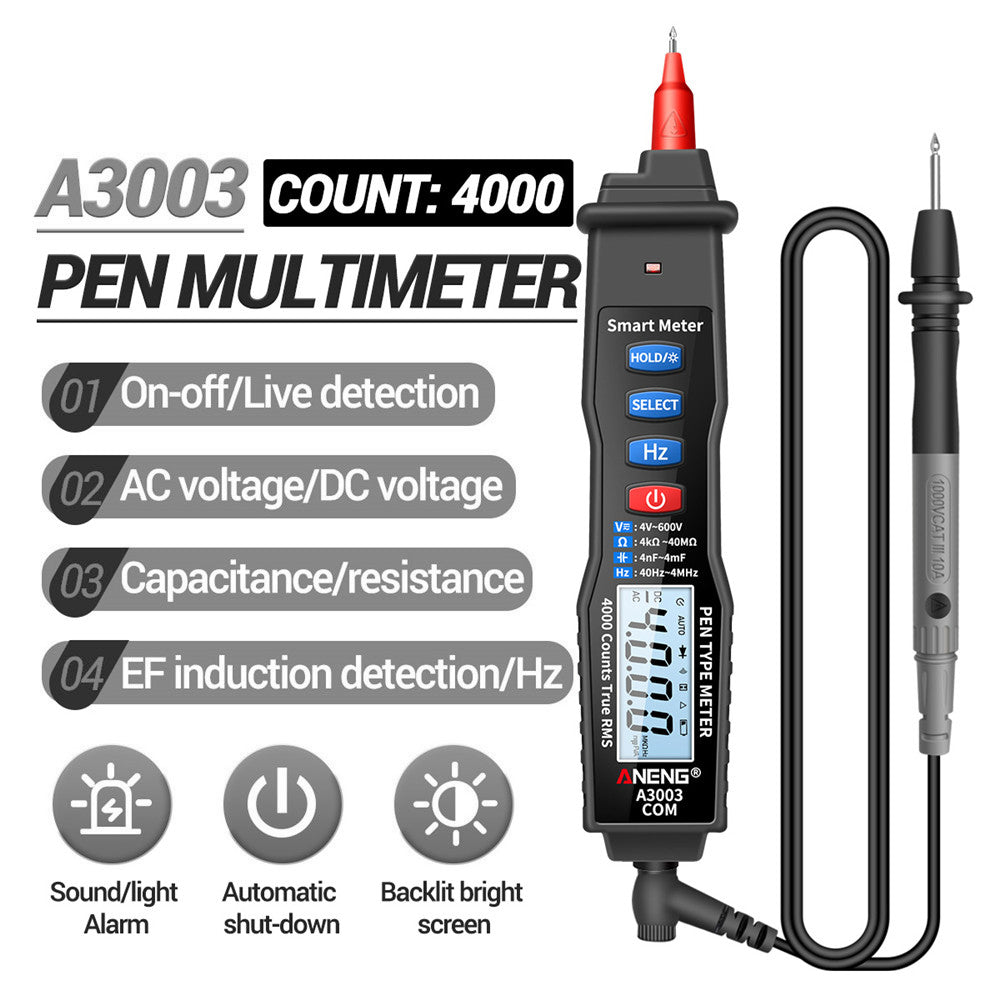 Aneng A3003 Digital Pen Auto Multimeter 4000 Counts Smart Meter with NCV AC/DC Voltage Resistance Capacitance Tester - Black