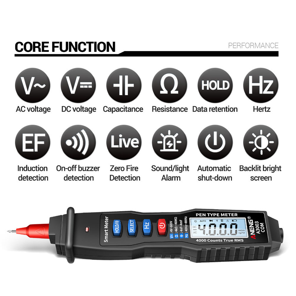 Aneng A3003 Digital Pen Auto Multimeter 4000 Counts Smart Meter with NCV AC/DC Voltage Resistance Capacitance Tester - Black