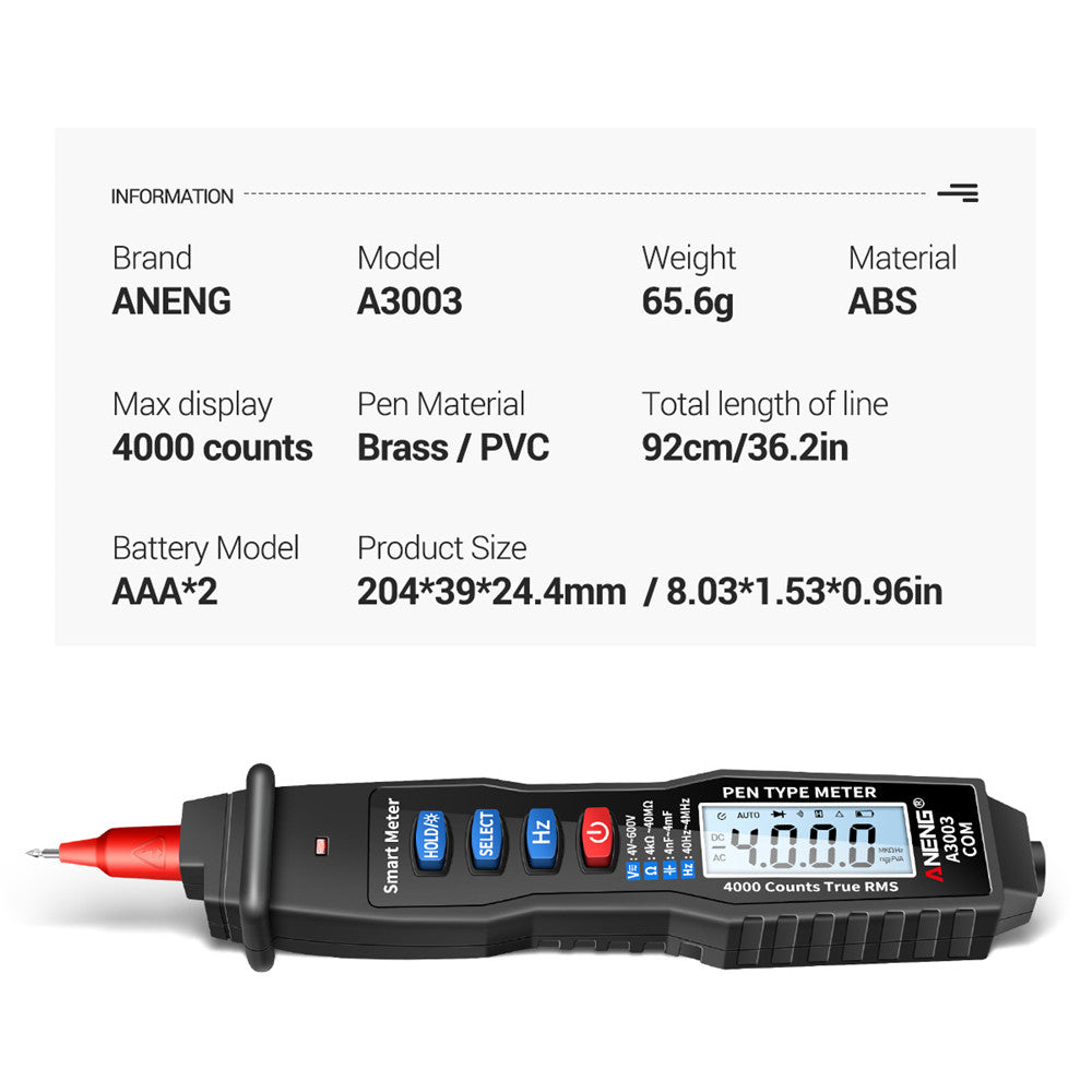 Aneng A3003 Digital Pen Auto Multimeter 4000 Counts Smart Meter with NCV AC/DC Voltage Resistance Capacitance Tester - Black