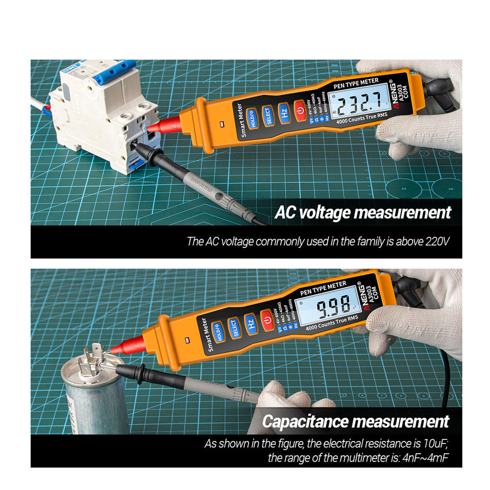 Aneng A3003 Digital Pen Auto Multimeter 4000 Counts Smart Meter with NCV AC/DC Voltage Resistance Capacitance Tester - Yellow