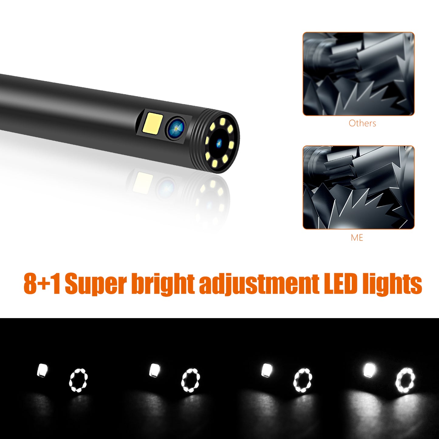 F300 10m Hard Wire 1080P Dual Lens 8mm Probe Industrial Endoscope Dimmable 9-LED WiFi IP68 Waterproof Inspection Camera
