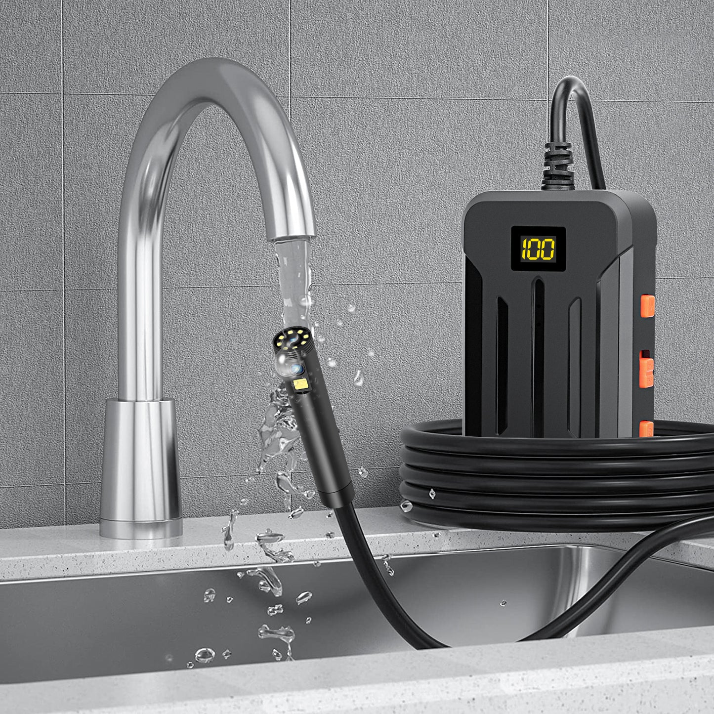 F300 5m Hard Wire 1080P Dual Lens 8mm Probe Industrial Endoscope Camera Dimmable 9-LED WiFi IP68 Waterproof Inspection Tool