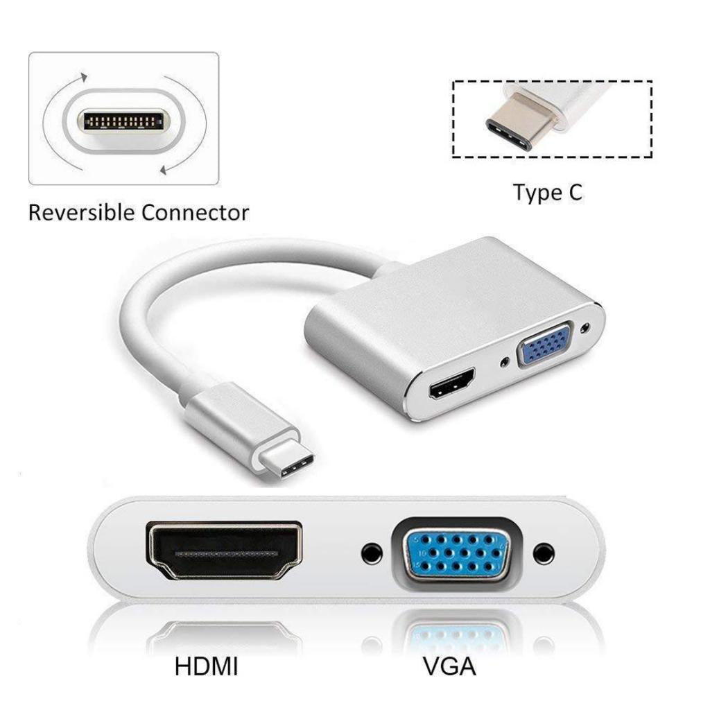 2in1 USB Type C Hub 4K HDMI & VGA Port Display Adapter Splitter Box Silver