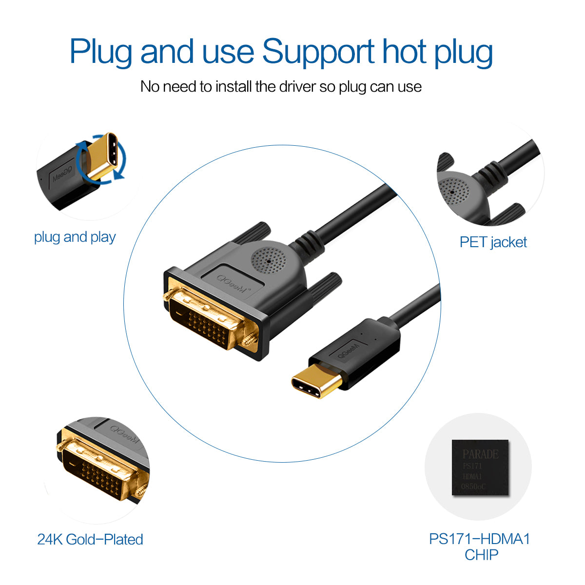 QGEEM UA18 1.2m USB-C to DVI Adapter Cable 4K Type-C to DVI(24+1) Male Conversion Cable