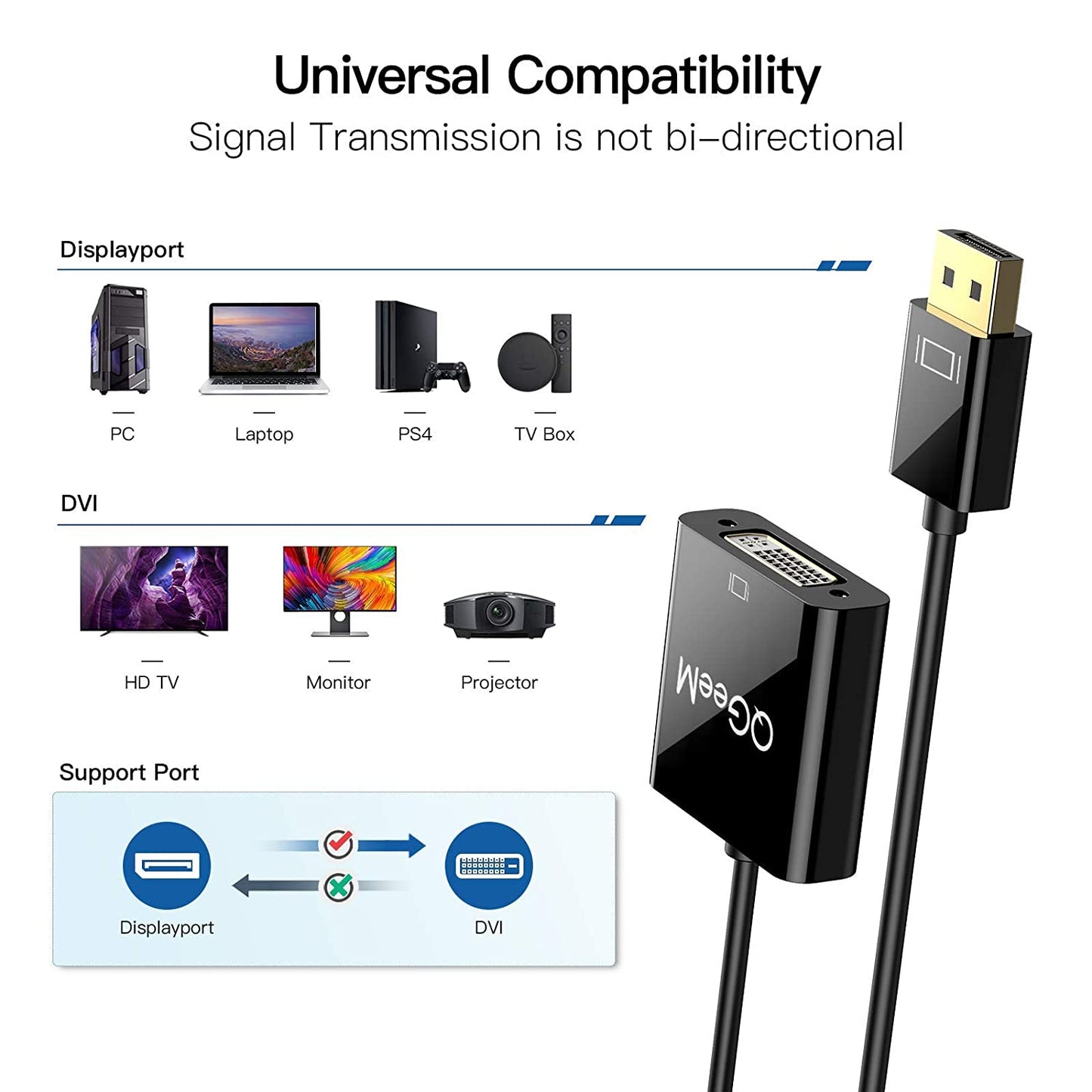 Uniqkart QG-HD24 Displayport Male to DVI Female Adapter Cable DP to DVI Converter for HD TV/Monitor/Projector/Laptops/PC