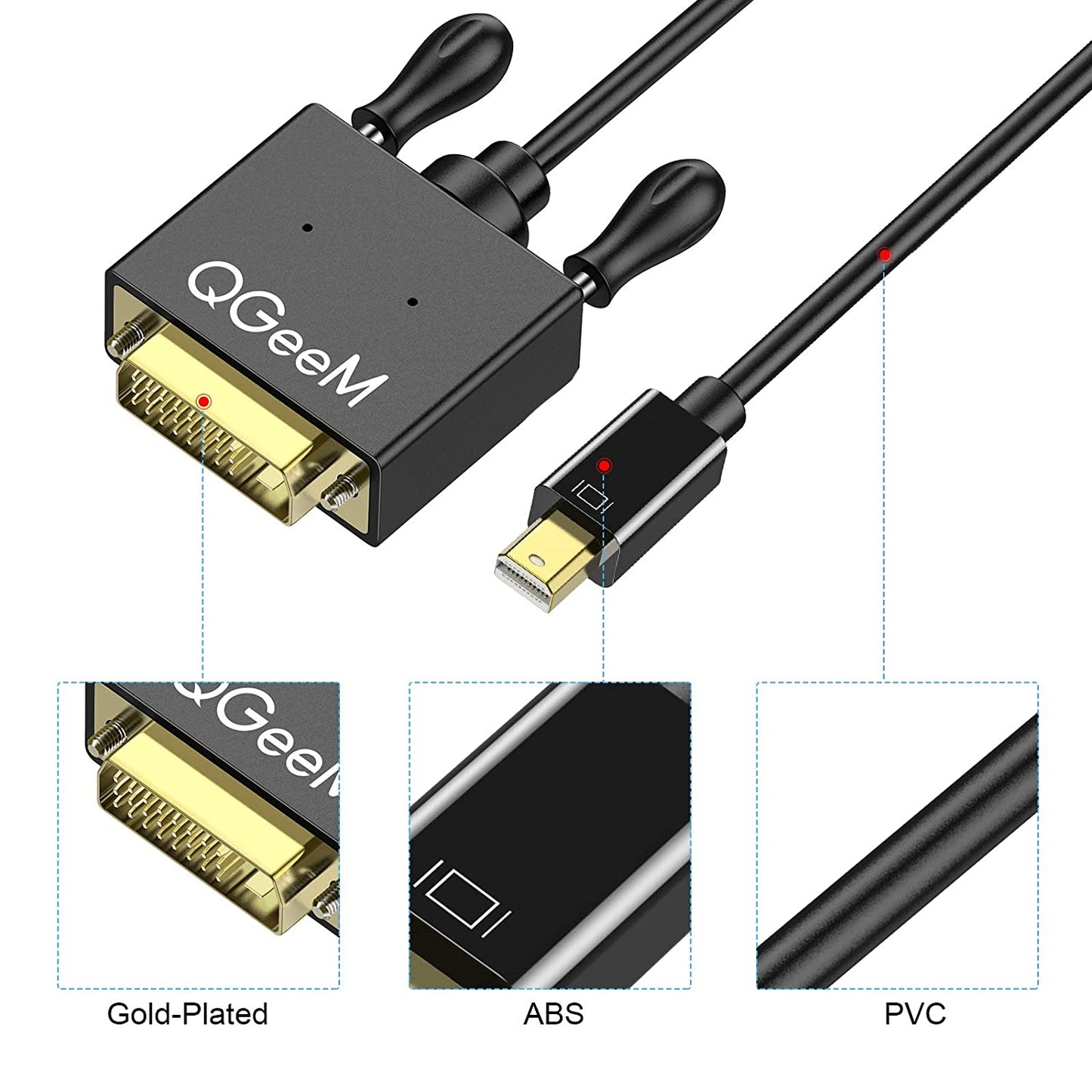 QGEEM QG-HD30 Mini DP to DVI Adapter Mini DisplayPort Male to DVI Male Computer Converter Cable Compatible with Thunderbolt 2 for MacBook Air/Pro/Monitor/Projector