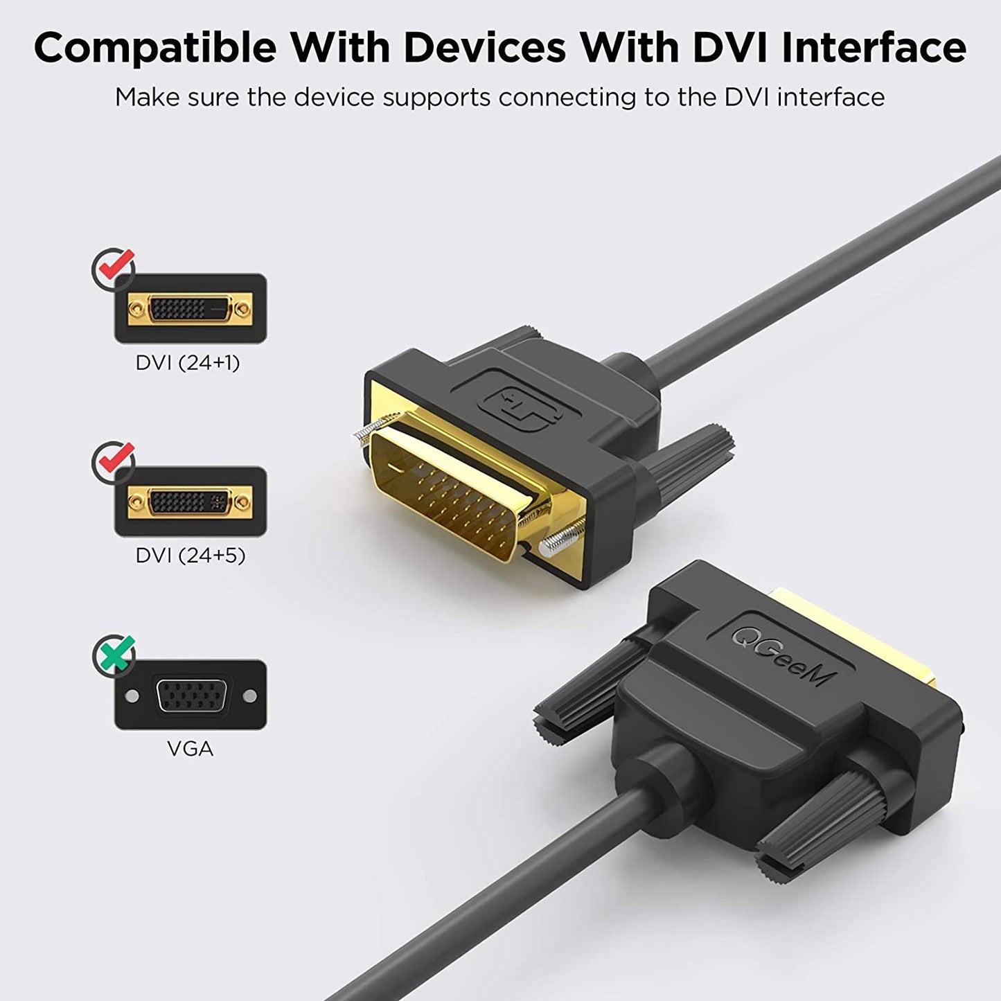 Uniqkart QG-HD15 1.8m DVI Male to DVI Male Cable Adapter Dual-Link Cord Converter Support 2560x1600/60Hz Compatible with DVI-D (24+1)