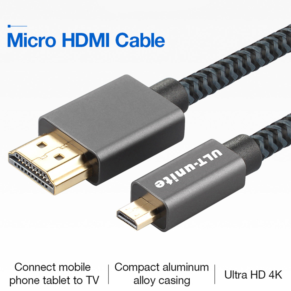 ULT-UNITE 3m Micro HDMI to HDMI 2.0 Male to Male Cable 4K 60HZ for Mobile Phone Digital Camera PC Projector - Grey