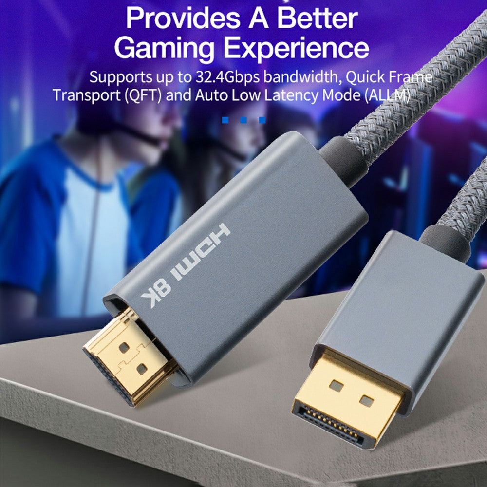 Braided DisplayPort 1.4 to HDMI 2.1 Cable Unidirectional DP to HDMI 8K 30Hz Data Sync Transfer Cord (3m)