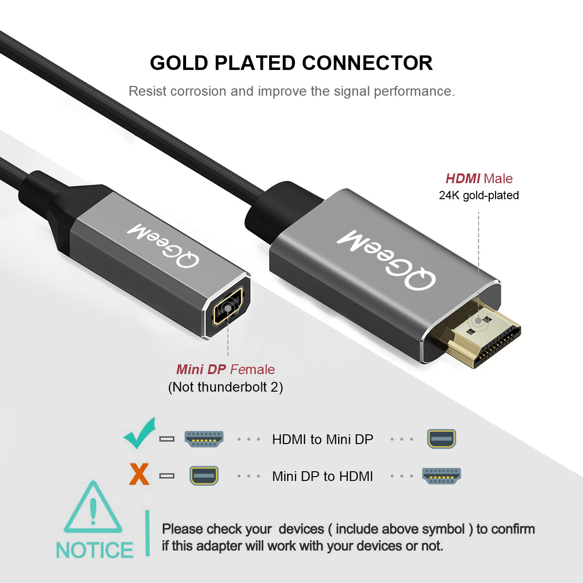 Uniqkart HD02 0.1m  Computer Adapter Cable Mini DisplayPort to 4K 1080P Resolution Video Cord for Laptop Computer Projector