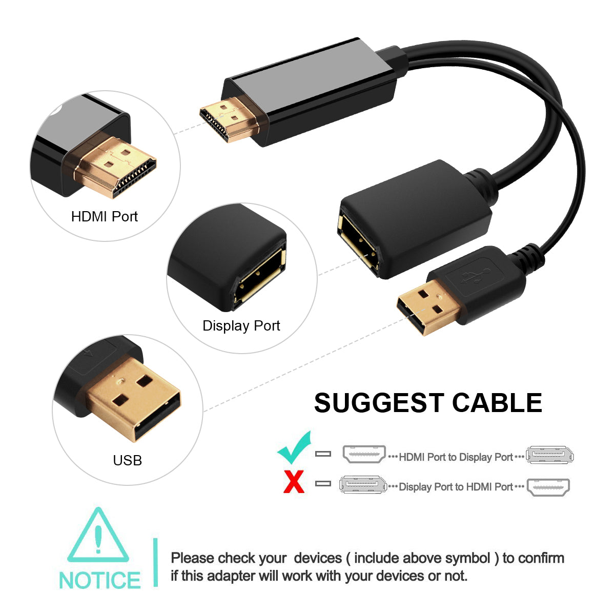 Uniqkart QG-HD01 HDMI Male to DP Female Adapter HDMI to DisplayPort Converter with USB Port Support PD Charging Compliant with VESA Dual Mode