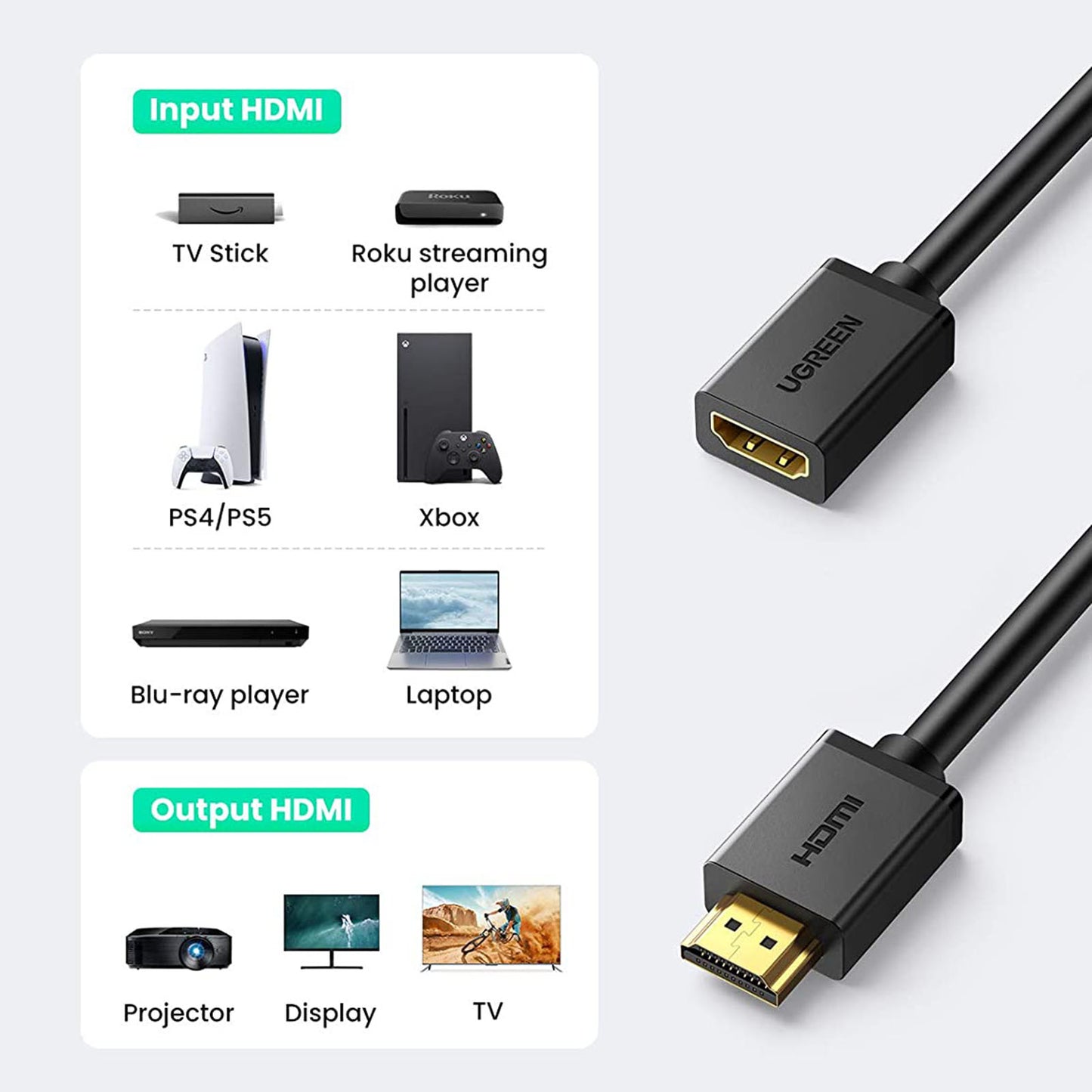 Uniqkart 10140 0.5m 4K HDMI Male to Female Cord Extension Cable for Nintendo Switch/Xbox One/PS5/Blu-ray Player/Laptop