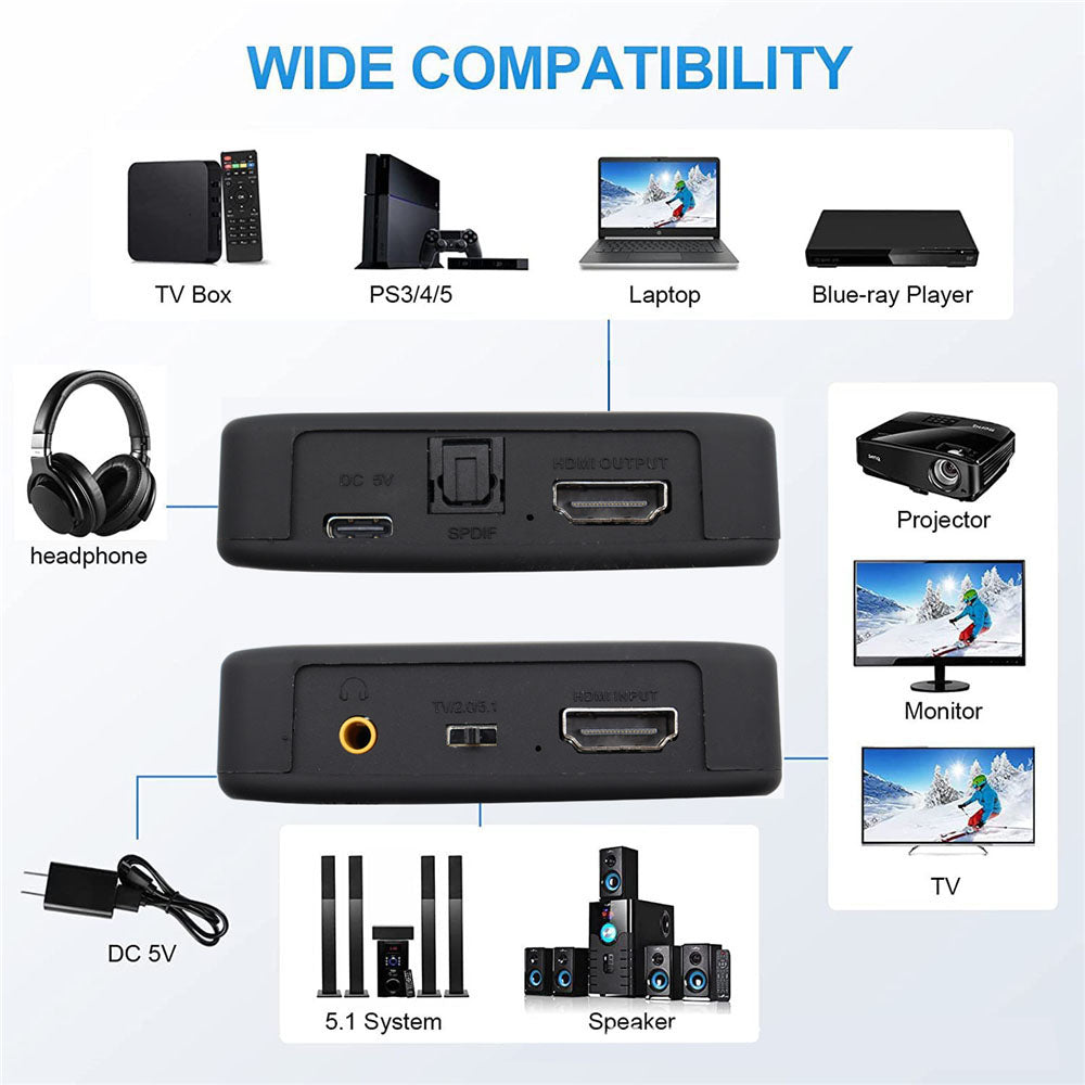 OZV8C HDMI Audio Extractor 4K 1080P HDMI Audio Converter Adapter to HDMI 1.4+5.1 SPDIF+3.5mm Audio Port+Power Interface