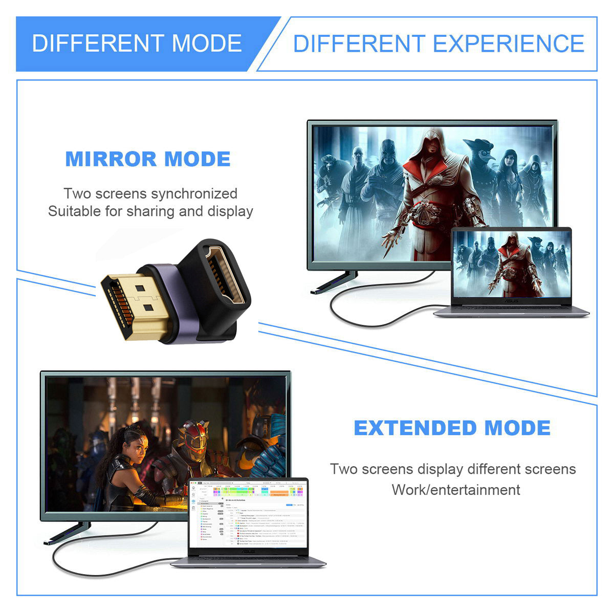 HD-011-A8K04 Gold-Plated HDMI Male to HDMI 2.1 Female Converter Vertical 90-Degree Down Angled UHD Extension Adapter Support 8K 60Hz HDTV