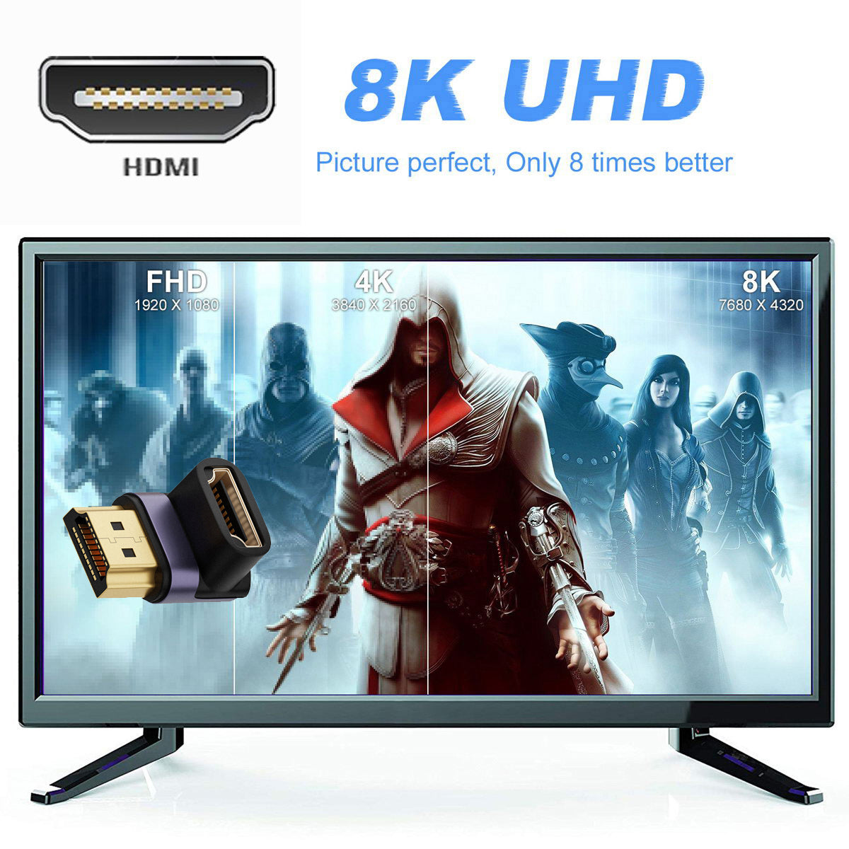 HD-011-A8K04 Gold-Plated HDMI Male to HDMI 2.1 Female Converter Vertical 90-Degree Down Angled UHD Extension Adapter Support 8K 60Hz HDTV