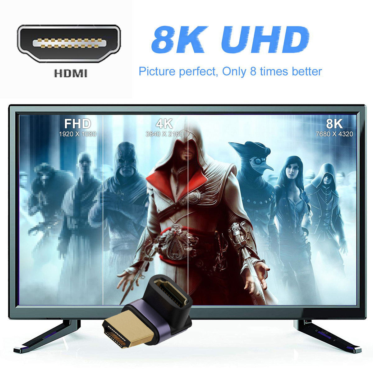 HD-011-A8K05 90-Degree Up Angled HDMI Male to HDMI 2.1 Female Adapter HDMI Converter Supports Up to 8K 60Hz Video Output