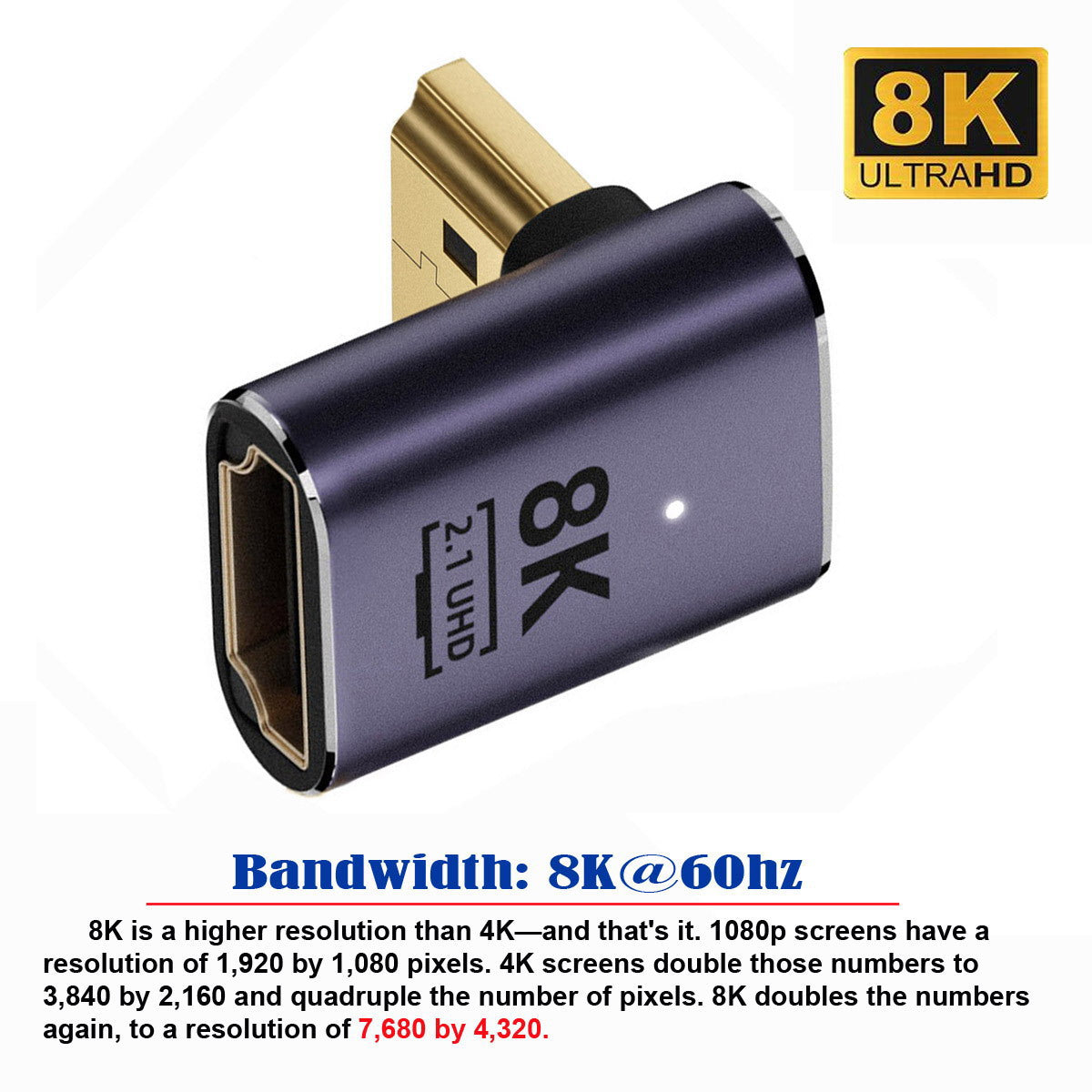 HD-011-A8K07 L-Shape Down Angled HDMI Convertor 8K 60Hz Video Output HDMI Male to HDMI 2.1 Female Adapter for TV Projector Laptop