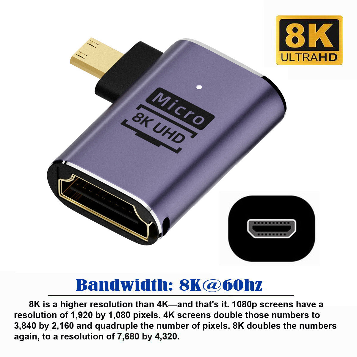 HD-023-D8K02 Gold-Plated Angled Micro HDMI Male to HDMI 2.1 Female Adapter UHD Extension Converter Support 8K 60Hz HDTV