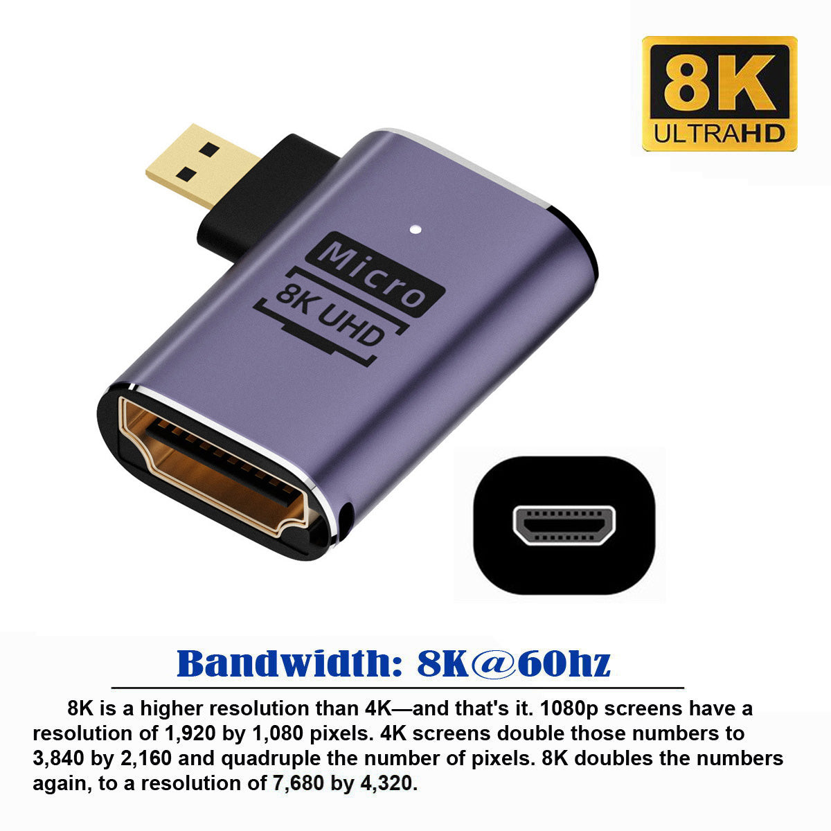 HD-023-D8K03 Micro HDMI Male to HDMI 2.1 Female Adapter Compatible with Laptop Computer, Angled Design 8K UHD Video HDTV Extension Converter