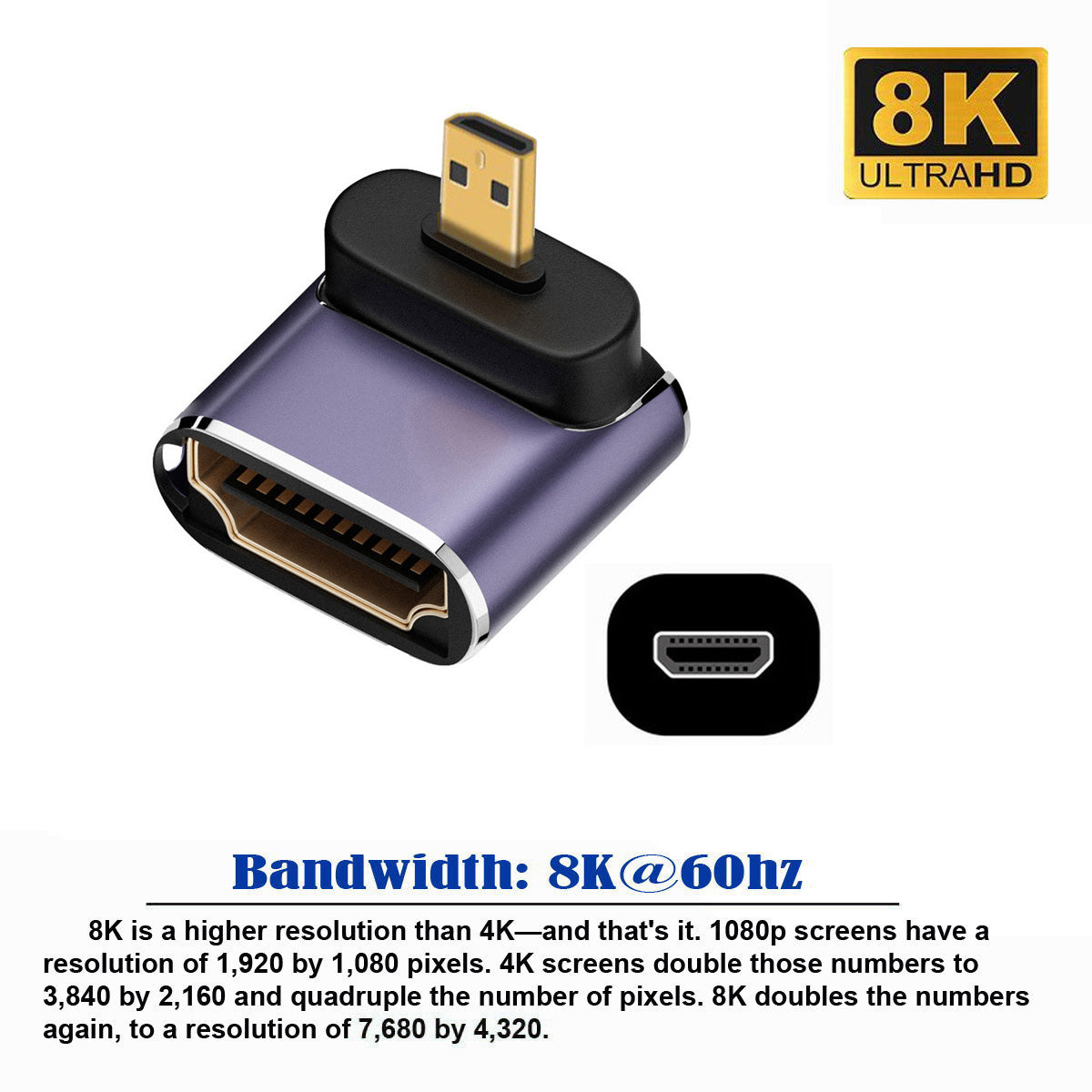HD-023-D8K04 UHD 8K 60Hz Video Output Micro HDMI Male to HDMI 2.1 Female Converter Projector Laptop Computer Gold-Plated HDMI Adapter